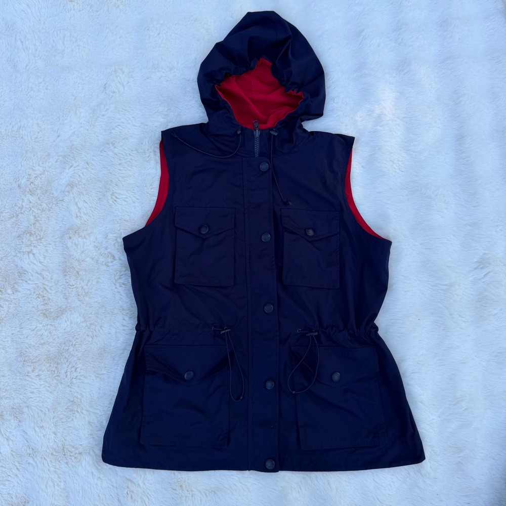 Lauren Ralph Lauren Navy Blue Hooded Utility Vest Red Lining Drawstring Waist